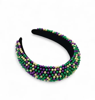 2"W X 7"H Beaded Headband W Purple, Green, Gold Pearls