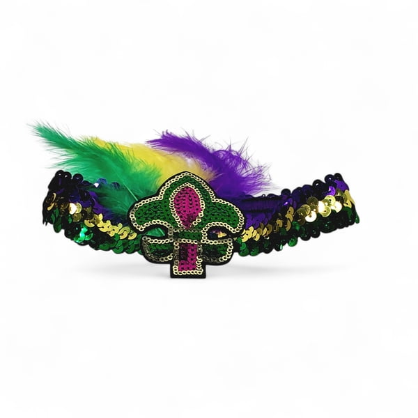 Mardi Gras Stretch Headband w Feathers and FDL