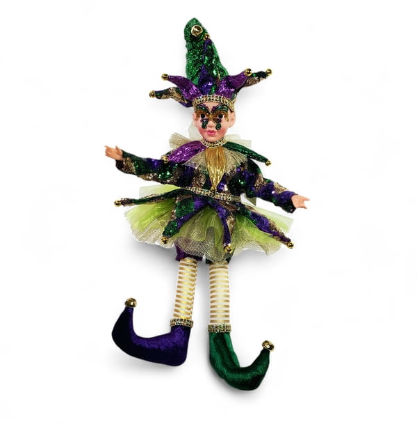 17" Sitting Mardi Gras Jester w Harlequin Fabric
