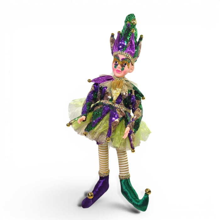 17" Sitting Mardi Gras Jester w Harlequin Fabric