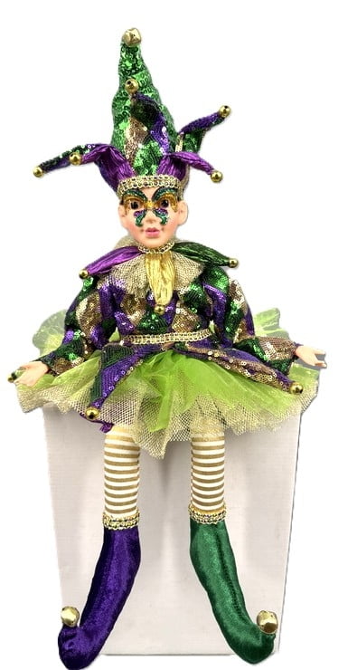 17" Sitting Mardi Gras Jester w Harlequin Fabric