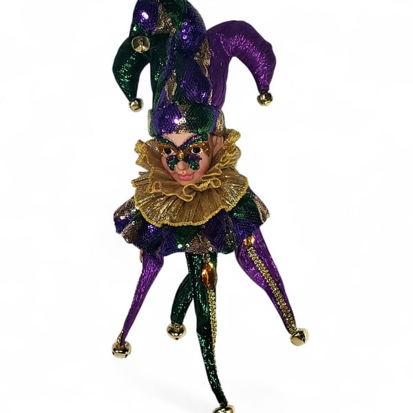 22" Mardi Gras Hanging Head Ornament in Harlequin Clothes