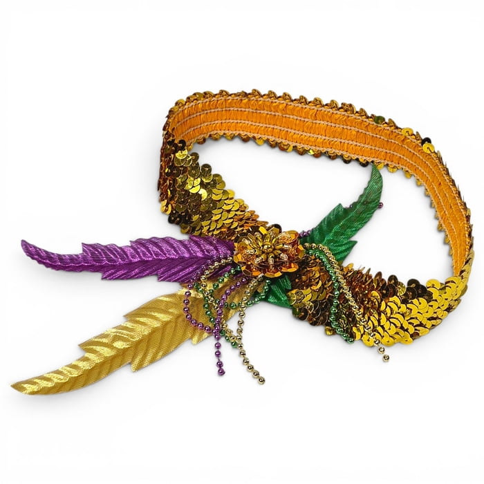 New!! Gold Sequin Headband w Feathers w Sequin Streamer (Fall 2026 shipping)
