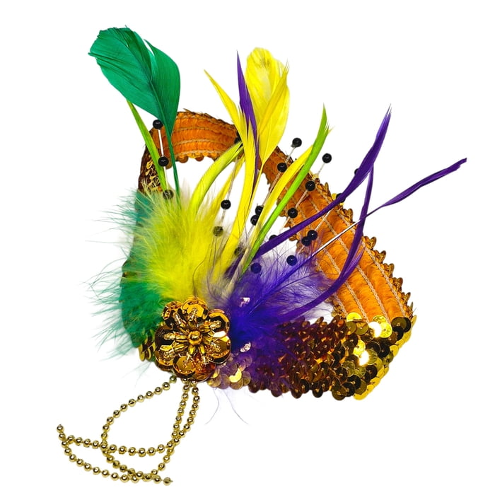 New!! Gold Sequin Stretch Headband w Feather and Berries (Fall 2026 shipping)