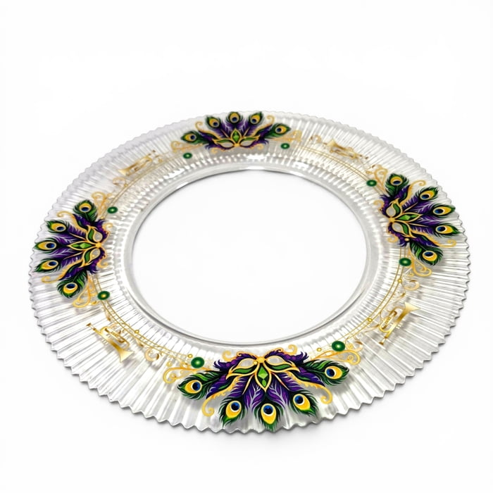 New!! 13" Clear Feather and Mask Charger Plate (Fall 2026 shipping)