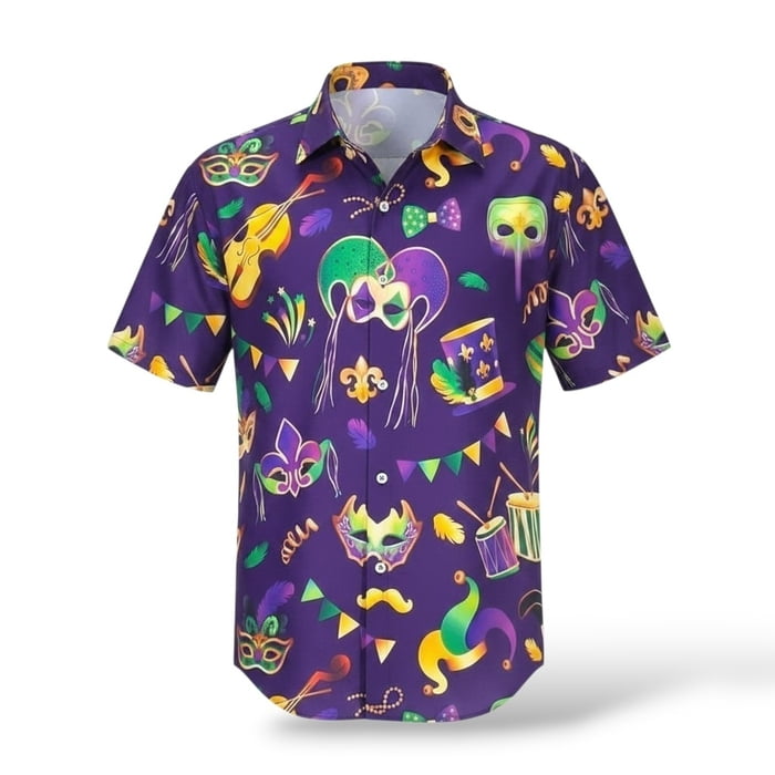 Men's Purple Shirt with Mardi Gras Icons 10 pc (Fall 2026 shipping)