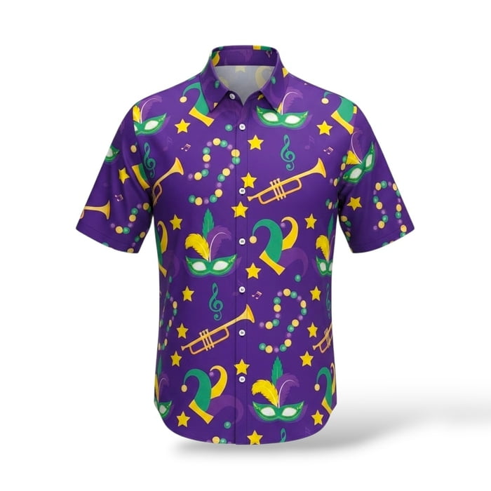 Men's Purple Shirt with Mardi Gras Icons Trumpet 10 pc (Fall 2026 shipping)