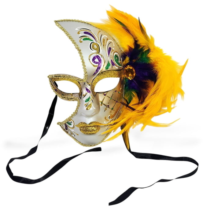 NEW!! Half Mask w Feathers and Gold Glitter 10" X 9"