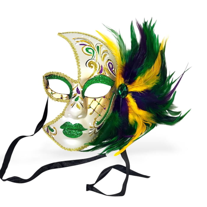 NEW Half Mask w Green Glitter and Feathers 10" x 9"