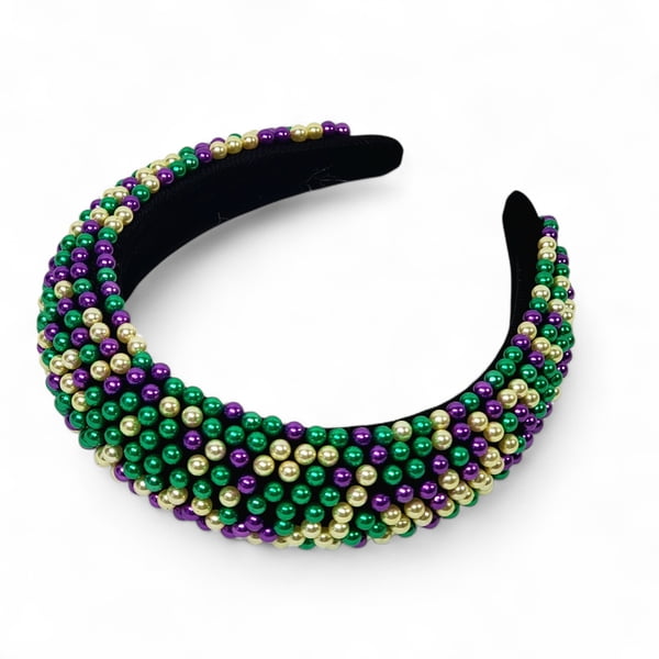 2"W X 7"H BEADED HEADBAND W PURPLE, GREEN , PEARLS