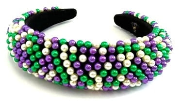 2"W X 7"H BEADED HEADBAND W PURPLE, GREEN , PEARLS