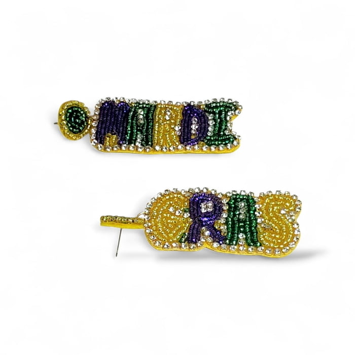 3" MARDI GRAS SEED BEAD EARRINGS