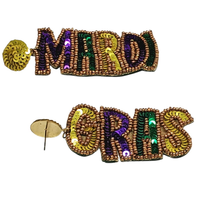 3" SEED BEAD MARDI GRAS WORD EARRINGS
