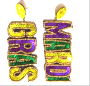 3" SEED BEAD MARDI GRAS WORD EARRINGS