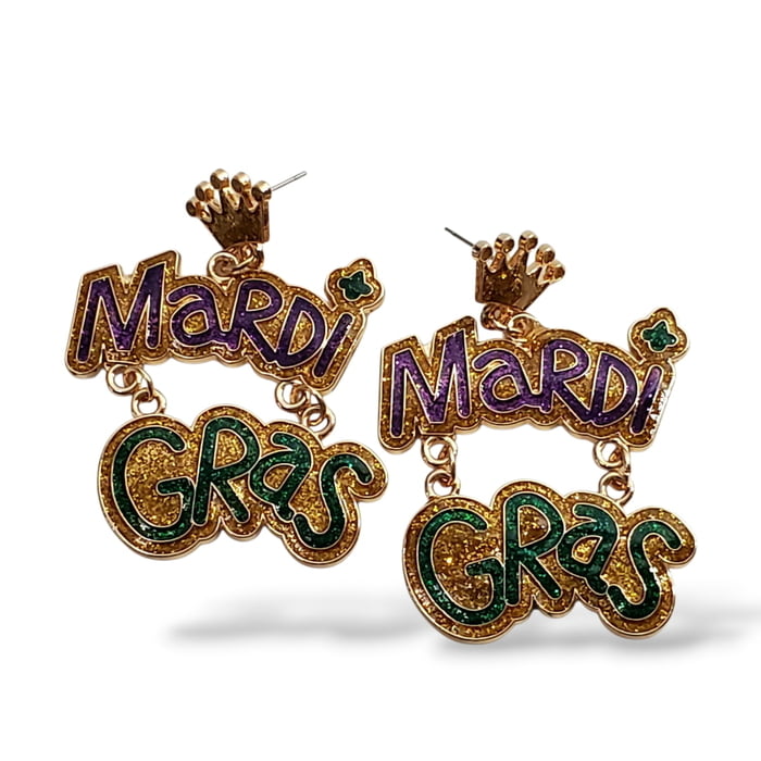 Mardi Gras Word Earrings 2" x 1.5"