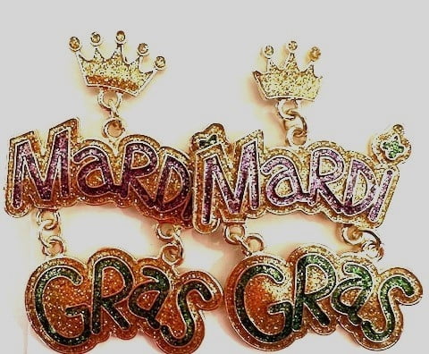 NEW!! Mardi Gras Word Earrings 2" x 1.5"