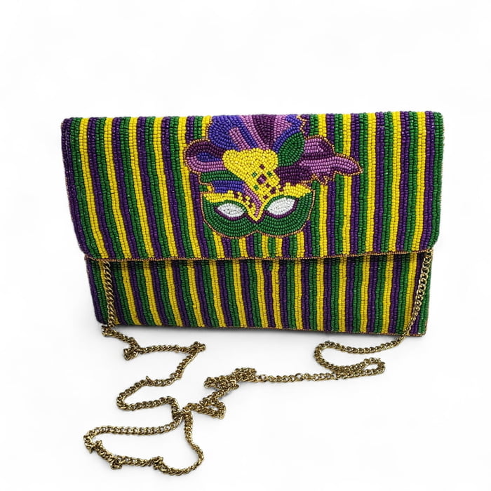 NEW!!9" X 6" Mardi Gras Striped Purse w Mask