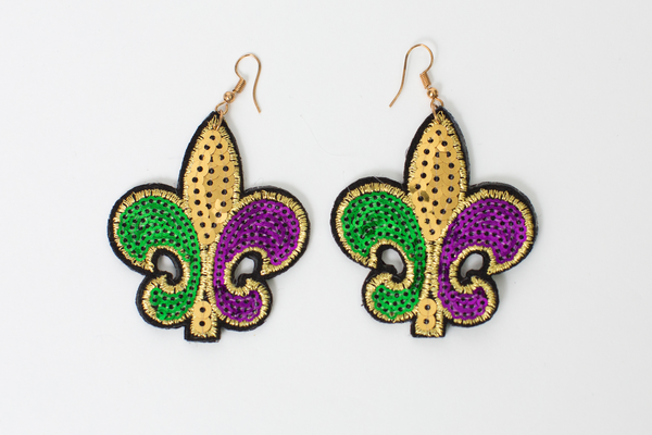 3.5" X 3.5" EMBROIDERED FLEUR DE LIS EARRINGS