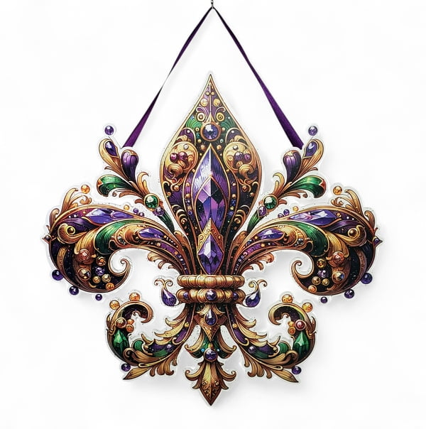 20"X20" Hanging Ribbon Fancy Fleur De Lis Plaque Sign