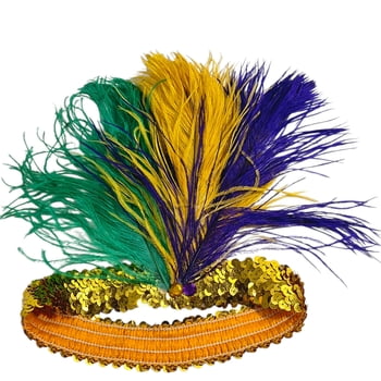 New!! Gold Sequin Stretch Headband w Long Feathers (Fall 2026 shipping)