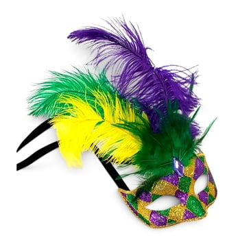 XL 8" x 12" Harlequin Glitter Mask w Feathers