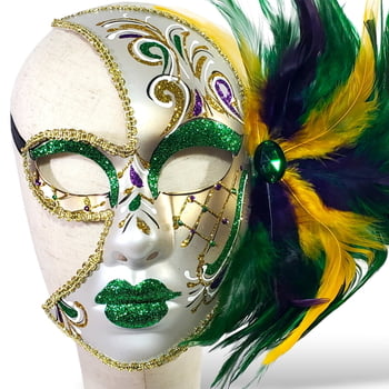 NEW Half Mask w Green Glitter and Feathers 10" x 9"