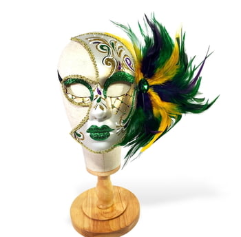 NEW Half Mask w Green Glitter and Feathers 10" x 9"