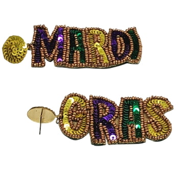 3" SEED BEAD MARDI GRAS WORD EARRINGS
